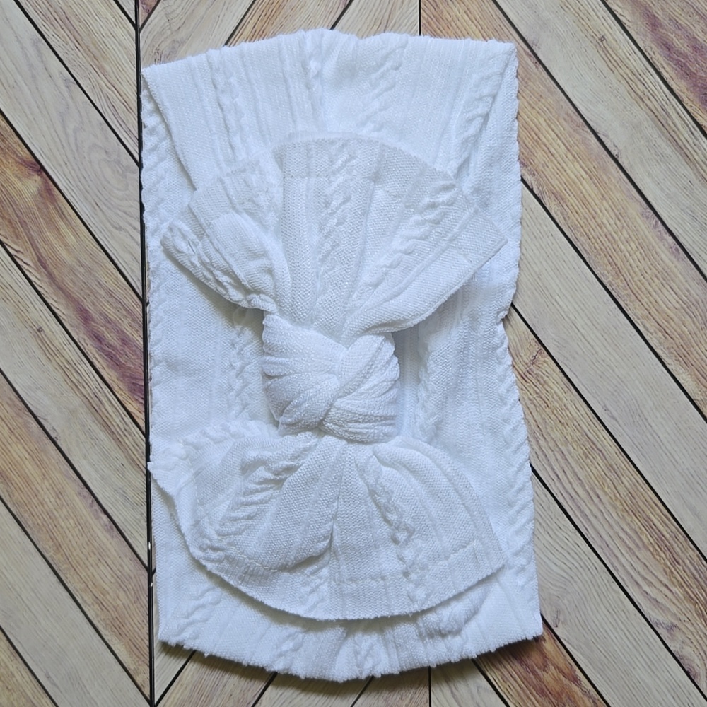 White Cable Knit Baby Bow Headband Soft Stretch Nylon Infant & Toddler Headwrap